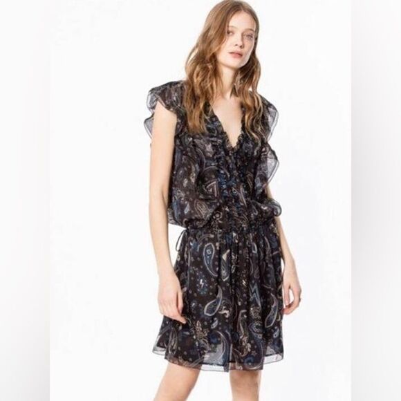 EUC Zadig & Voltaire Rimana Navy Print Paisley Beaded Ruffle Mini Dress XS - Picture 1 of 10